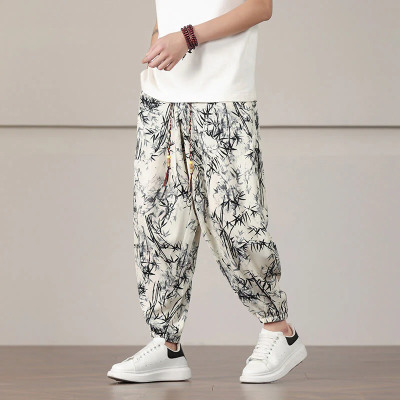 Pantaloni harem da uomo con coulisse e tasche con motivo a foglie di bambù Buddha Stones - Image 2