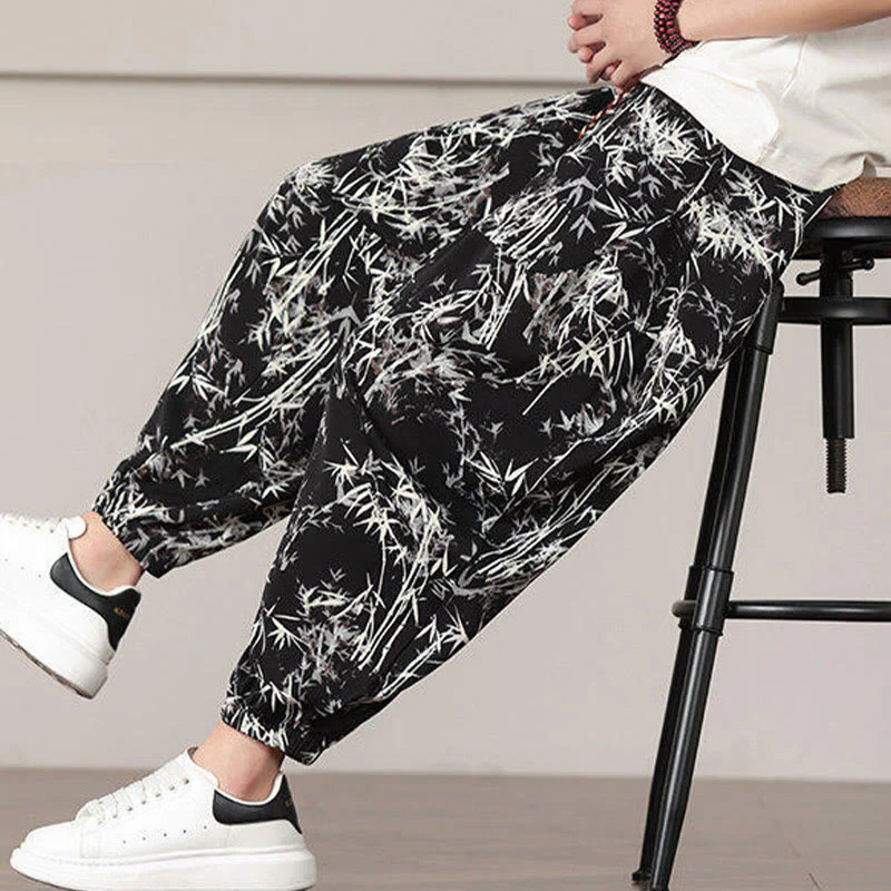 Pantaloni harem da uomo con coulisse e tasche con motivo a foglie di bambù Buddha Stones - Image 20