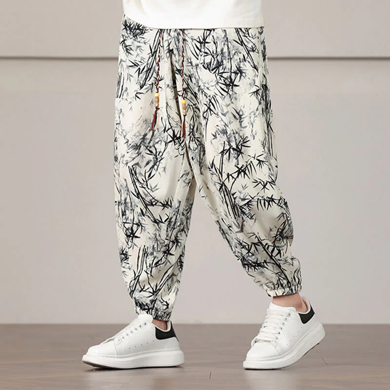 Pantaloni harem da uomo con coulisse e tasche con motivo a foglie di bambù Buddha Stones - Image 3