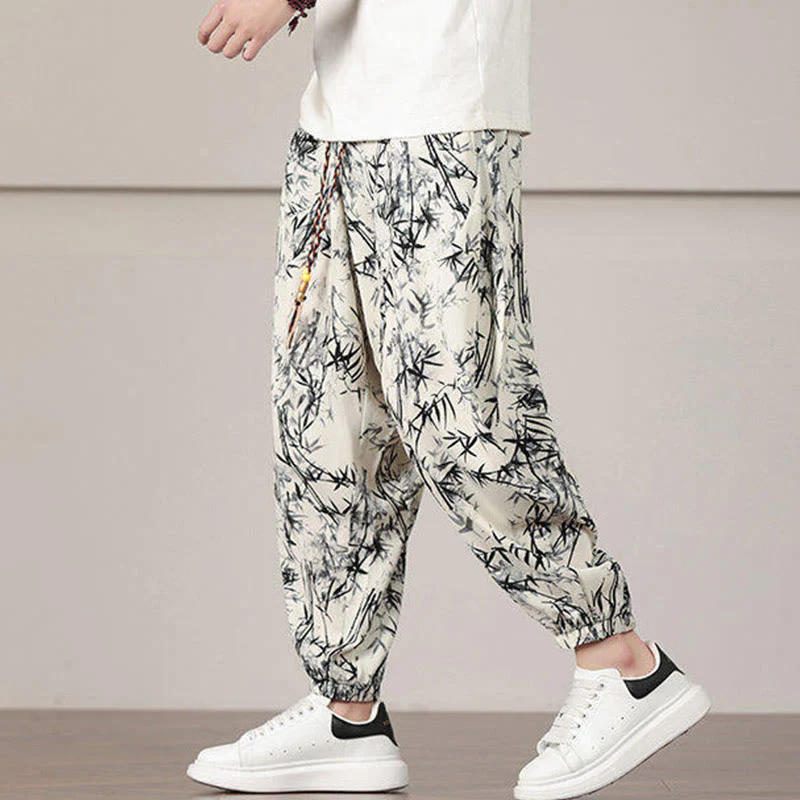 Pantaloni harem da uomo con coulisse e tasche con motivo a foglie di bambù Buddha Stones - Image 4