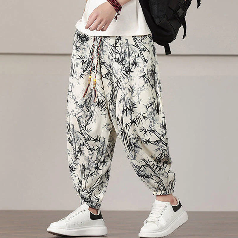 Pantaloni harem da uomo con coulisse e tasche con motivo a foglie di bambù Buddha Stones - Image 5