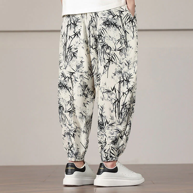 Pantaloni harem da uomo con coulisse e tasche con motivo a foglie di bambù Buddha Stones - Image 6