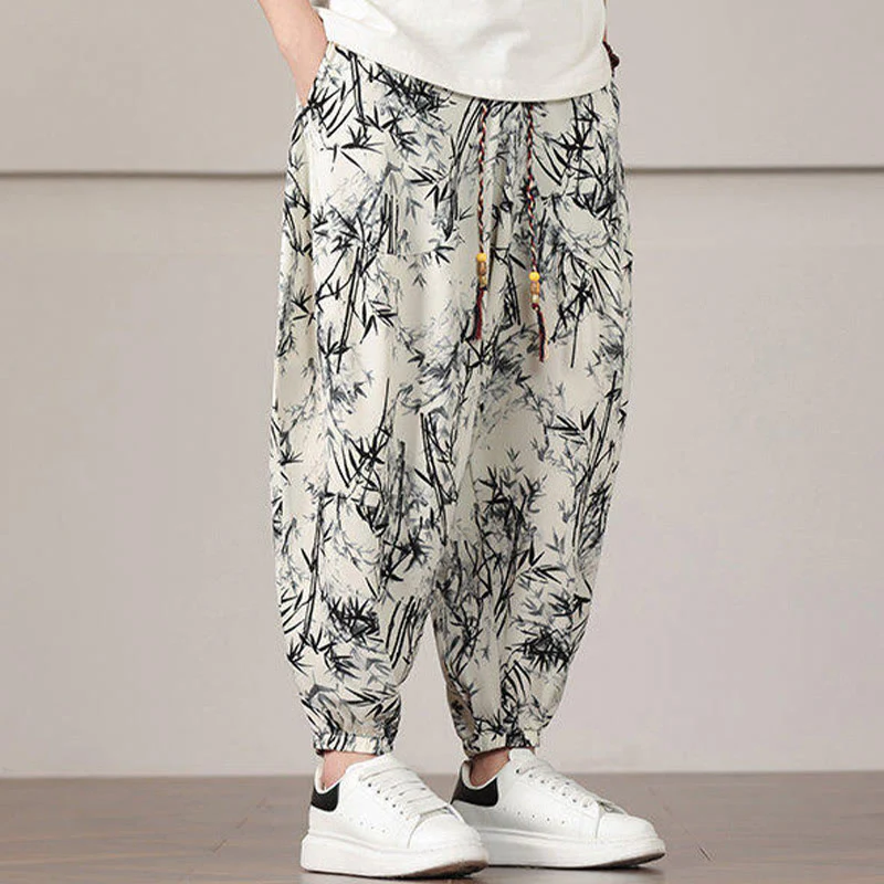 Pantaloni harem da uomo con coulisse e tasche con motivo a foglie di bambù Buddha Stones - Image 7