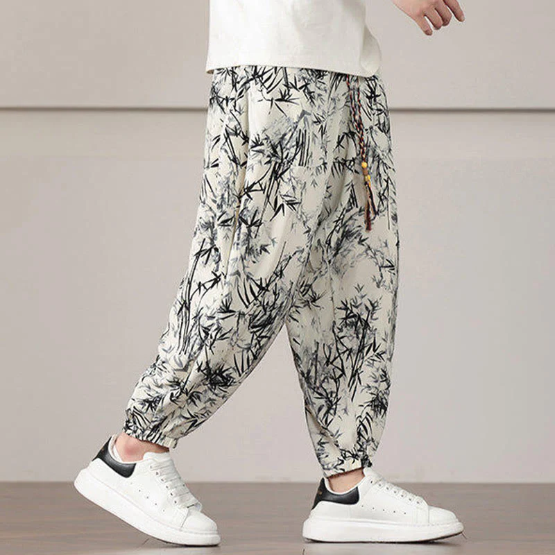 Pantaloni harem da uomo con coulisse e tasche con motivo a foglie di bambù Buddha Stones - Image 8