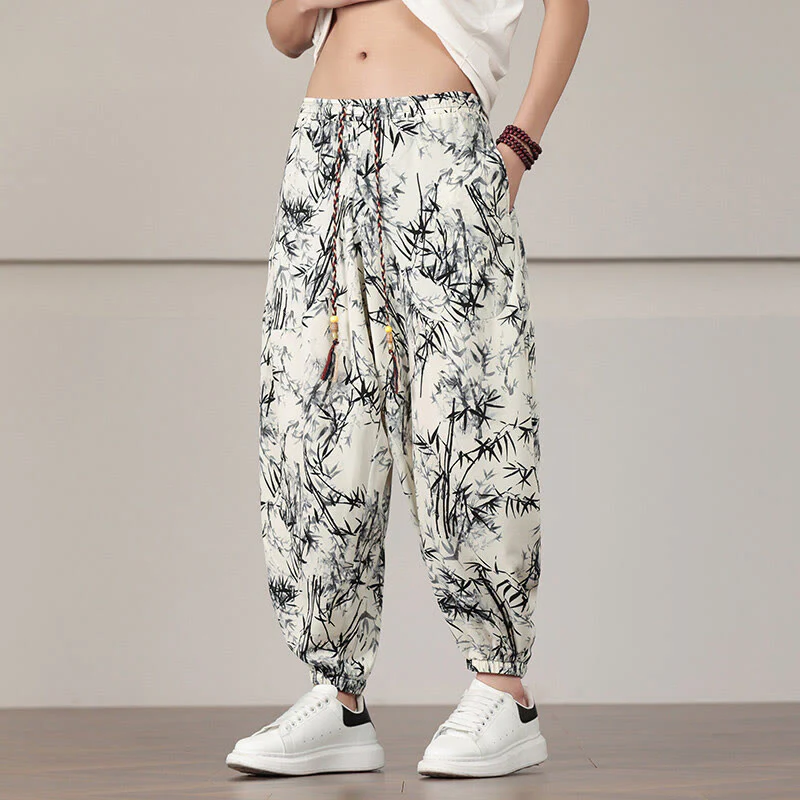 Pantaloni harem da uomo con coulisse e tasche con motivo a foglie di bambù Buddha Stones - Image 9