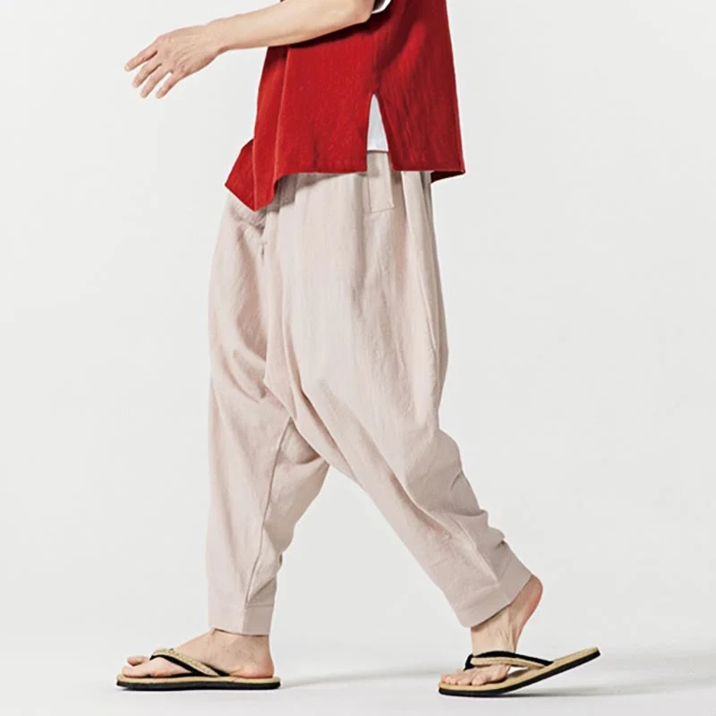 Pantaloni harem da uomo con coulisse e tasche in tinta unita primaverili Buddha Stones - Image 28