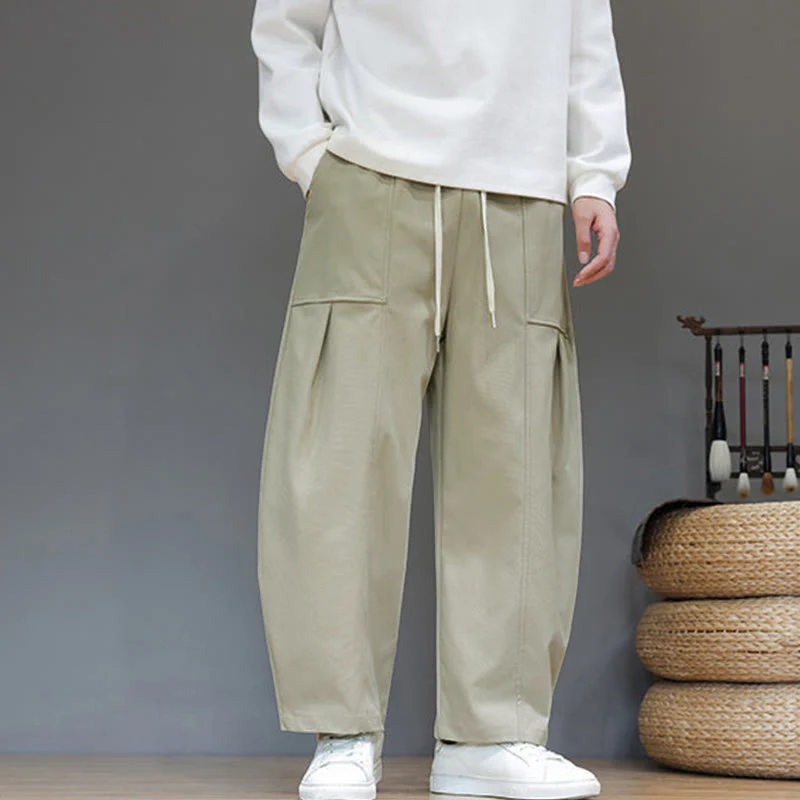 Pantaloni harem da uomo in cotone color puro con tasche , Buddha Stones Fall