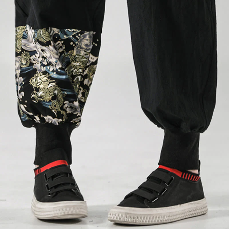 Pantaloni harem da uomo in cotone con lacci e tasche Buddha Stones Ocean Waves - Image 14