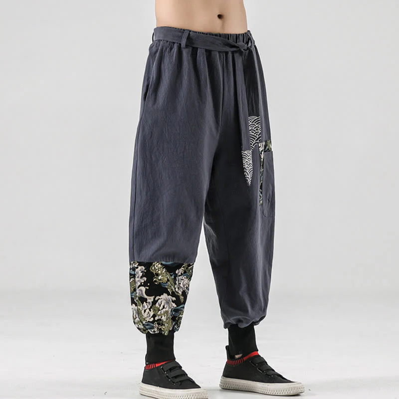 Pantaloni harem da uomo in cotone con lacci e tasche Buddha Stones Ocean Waves - Image 24