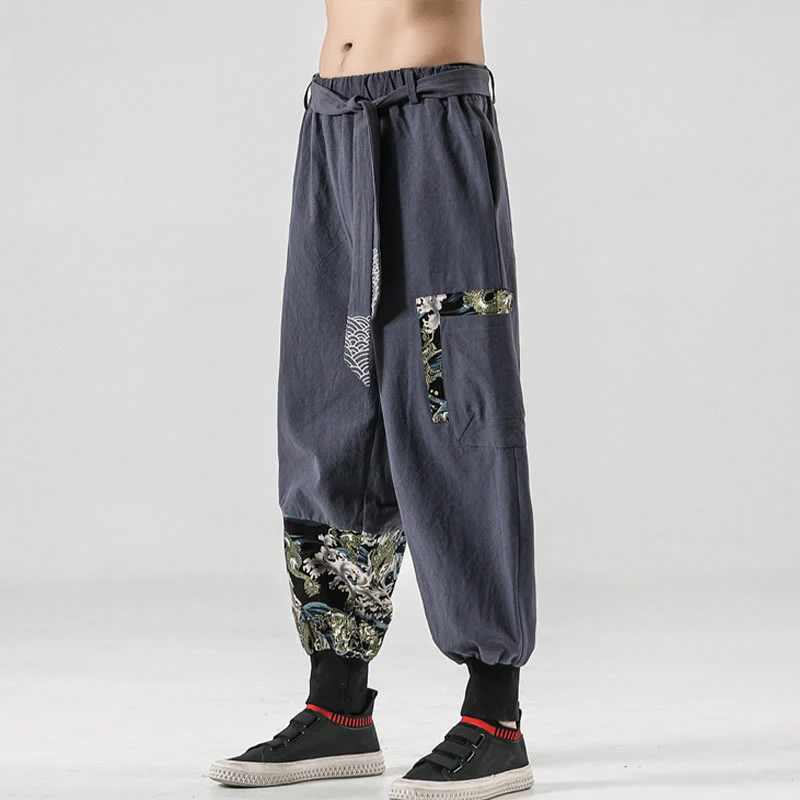 Pantaloni harem da uomo in cotone con lacci e tasche Buddha Stones Ocean Waves - Image 28