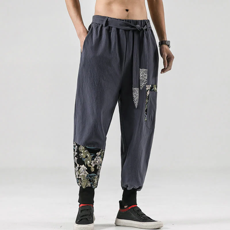 Pantaloni harem da uomo in cotone con lacci e tasche Buddha Stones Ocean Waves - Image 29