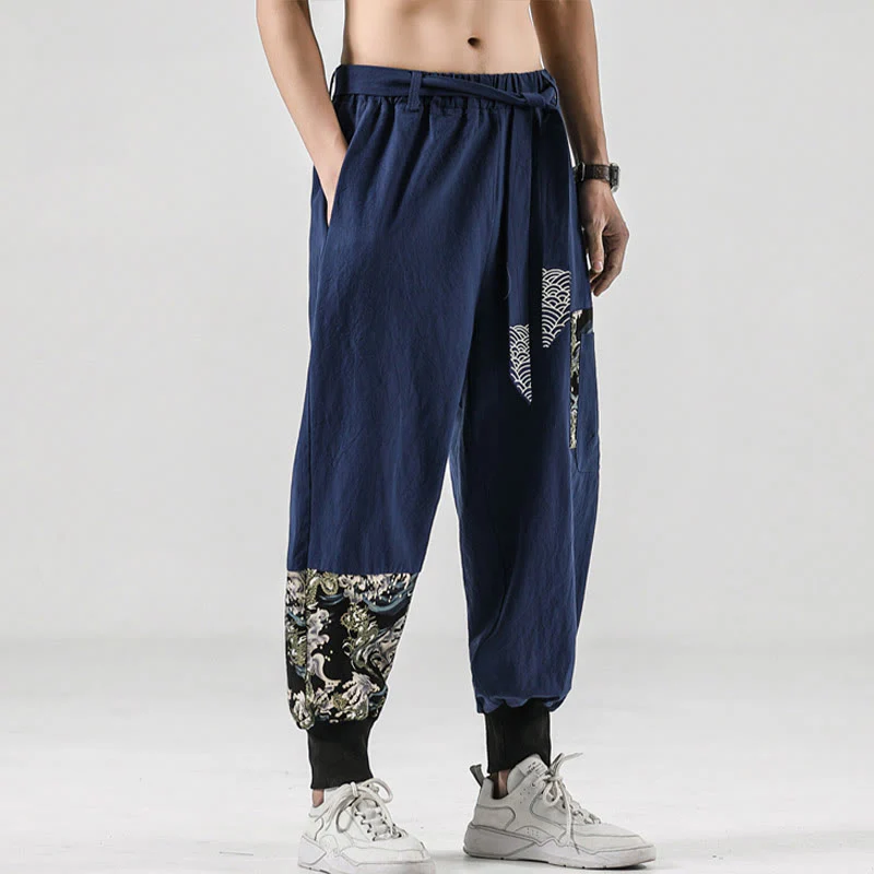 Pantaloni harem da uomo in cotone con lacci e tasche Buddha Stones Ocean Waves - Image 31