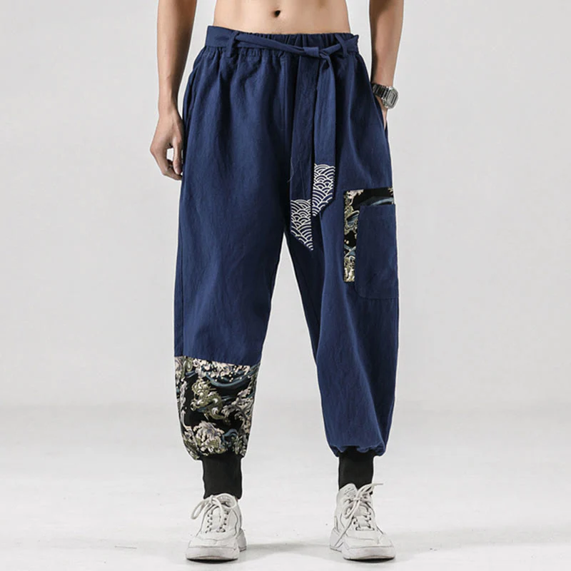 Pantaloni harem da uomo in cotone con lacci e tasche Buddha Stones Ocean Waves - Image 34