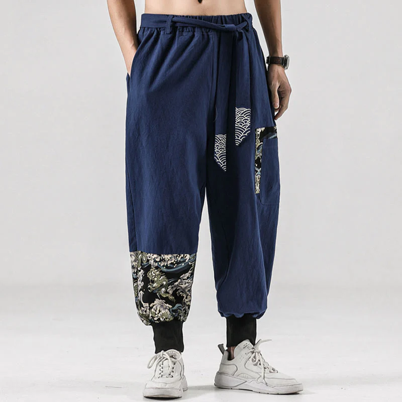 Pantaloni harem da uomo in cotone con lacci e tasche Buddha Stones Ocean Waves - Image 36