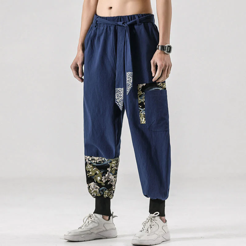 Pantaloni harem da uomo in cotone con lacci e tasche Buddha Stones Ocean Waves - Image 37