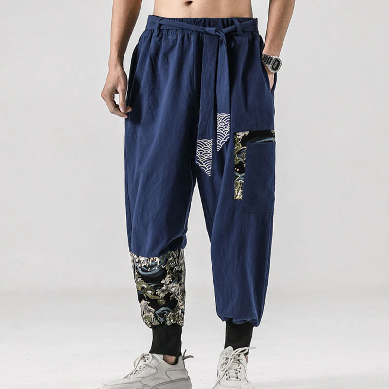 Pantaloni harem da uomo in cotone con lacci e tasche Buddha Stones Ocean Waves - Image 38