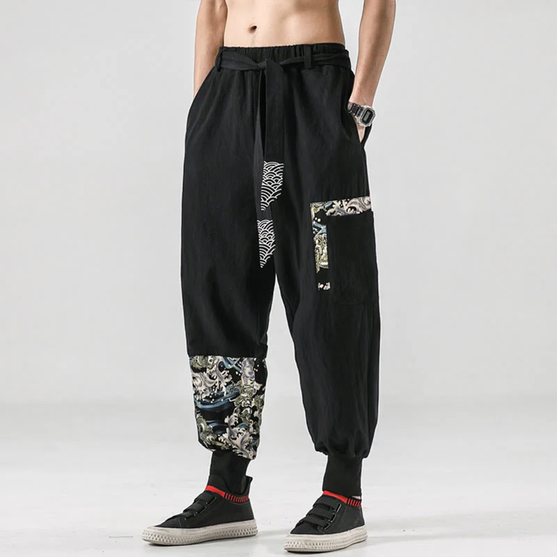Pantaloni harem da uomo in cotone con lacci e tasche Buddha Stones Ocean Waves - Image 5