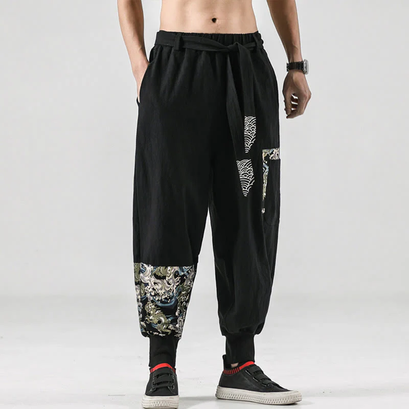 Pantaloni harem da uomo in cotone con lacci e tasche Buddha Stones Ocean Waves - Image 9
