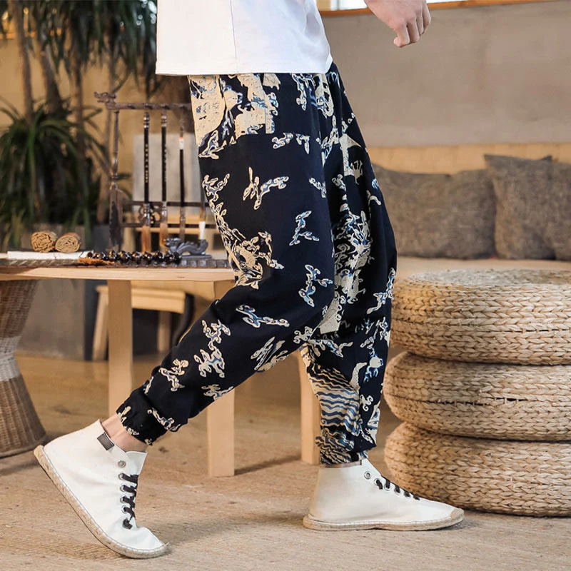Pantaloni harem da uomo in cotone con motivo a drago cinese e tasche, modello Buddha Stones - Image 8