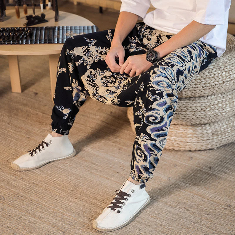 Pantaloni harem da uomo in cotone con motivo a drago cinese e tasche, modello Buddha Stones - Image 9