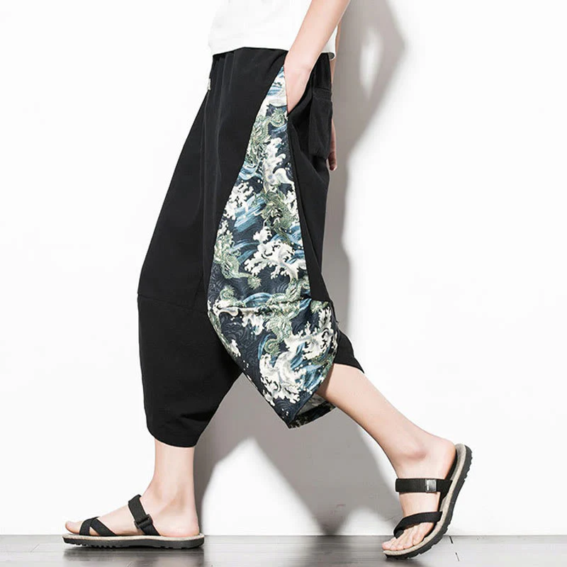 Pantaloni harem da uomo in cotone con stampa Buddha Stones Green Waves e tasche - Image 8