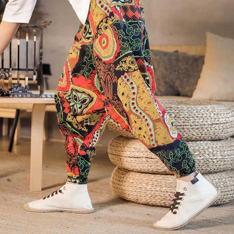 Pantaloni harem da uomo in cotone con stampa di foglie casual in oro rosso con tasche Buddha Stones - Image 3
