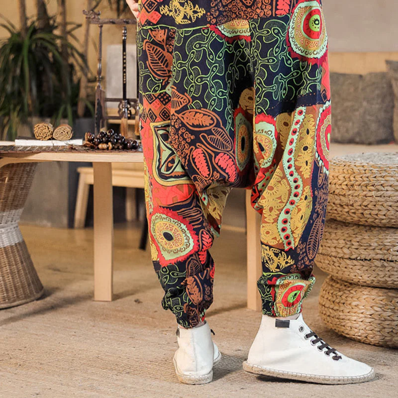 Pantaloni harem da uomo in cotone con stampa di foglie casual in oro rosso con tasche Buddha Stones - Image 4