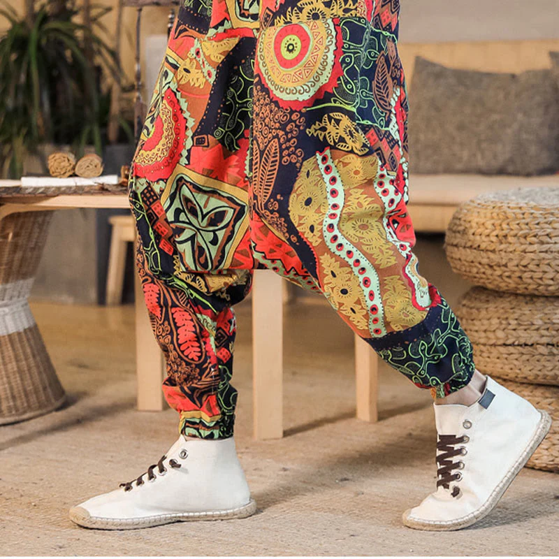 Pantaloni harem da uomo in cotone con stampa di foglie casual in oro rosso con tasche Buddha Stones - Image 5