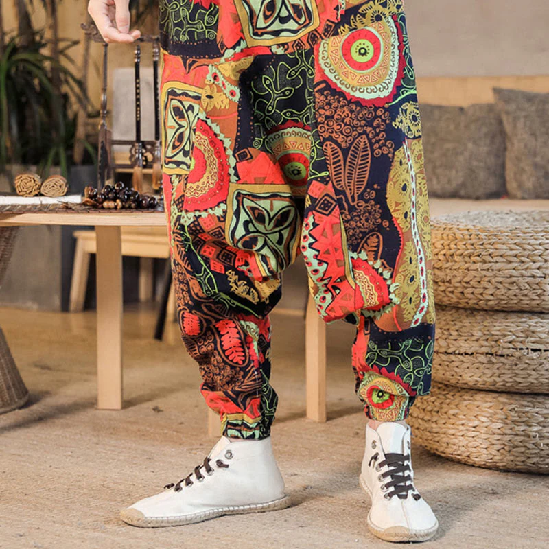 Pantaloni harem da uomo in cotone con stampa di foglie casual in oro rosso con tasche Buddha Stones - Image 6