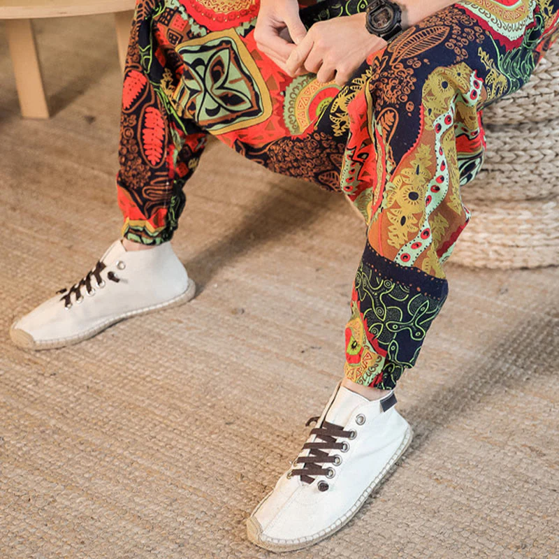 Pantaloni harem da uomo in cotone con stampa di foglie casual in oro rosso con tasche Buddha Stones - Image 7