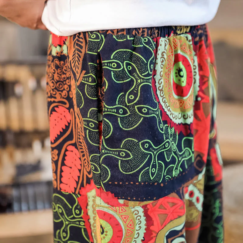 Pantaloni harem da uomo in cotone con stampa di foglie casual in oro rosso con tasche Buddha Stones - Image 9