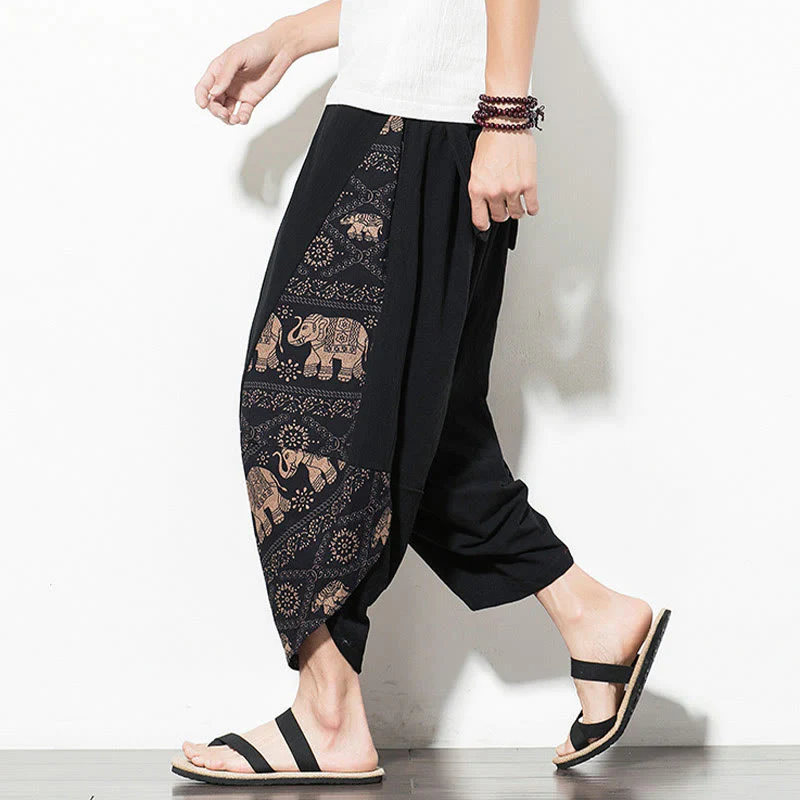 Pantaloni harem da uomo in cotone con stampa elefante marrone Buddha Stones con tasche - Image 6
