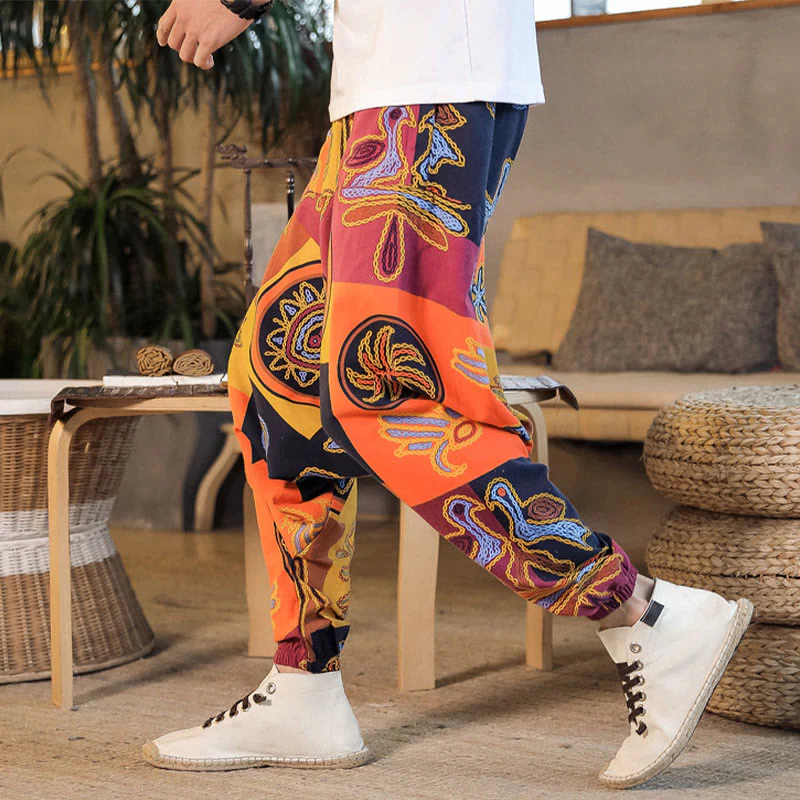 Pantaloni harem da uomo in cotone con stampa floreale a griglia con Buddha Stones e tasche - Image 12