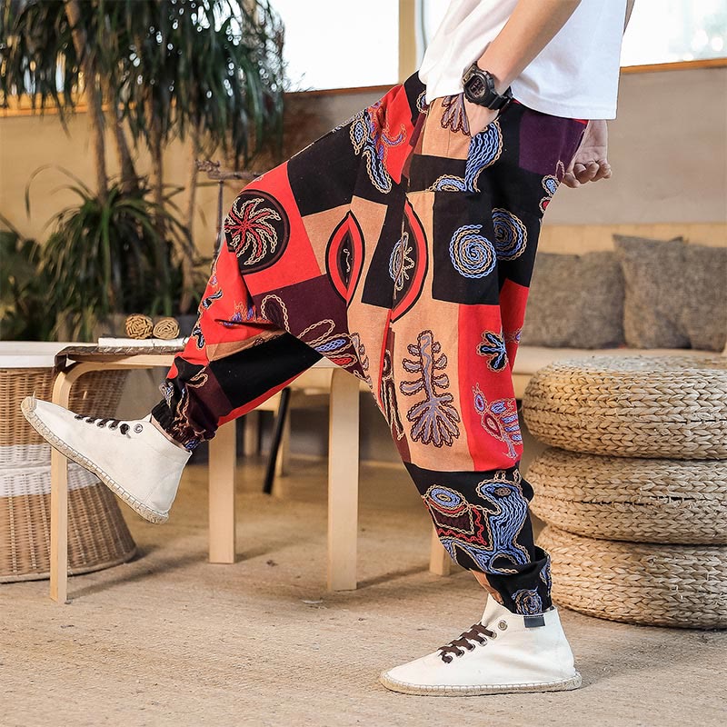 Pantaloni harem da uomo in cotone con stampa floreale a griglia con Buddha Stones e tasche - Image 5