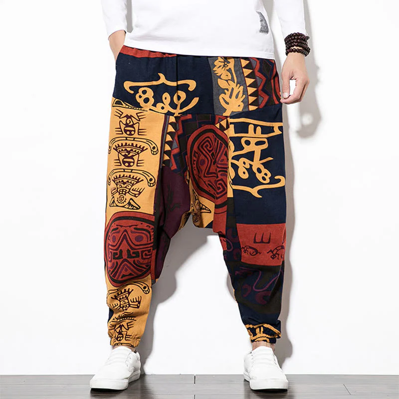 Pantaloni harem da uomo con tasche e stampa di uccelli graffiti rossi e marroni con Buddha Stones - Image 10