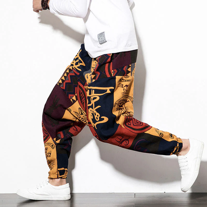 Pantaloni harem da uomo con tasche e stampa di uccelli graffiti rossi e marroni con Buddha Stones - Image 11