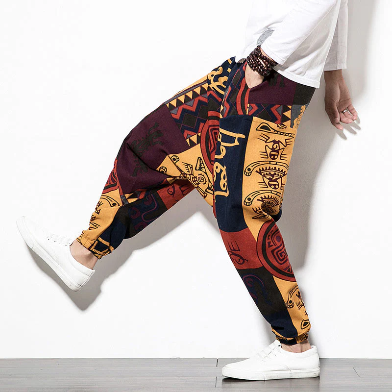 Pantaloni harem da uomo con tasche e stampa di uccelli graffiti rossi e marroni con Buddha Stones - Image 12