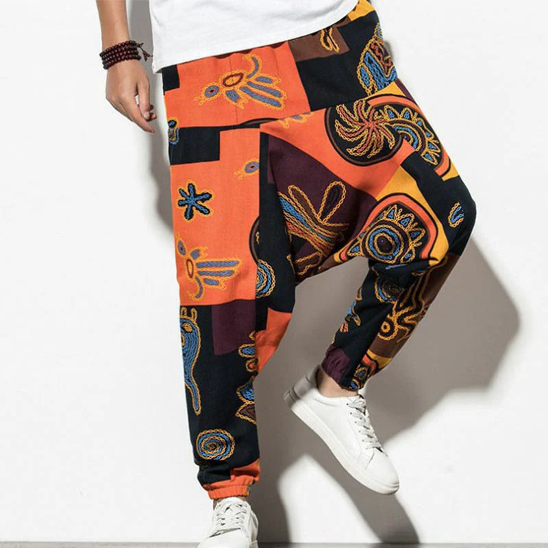 Pantaloni harem da uomo con tasche e stampa di uccelli graffiti rossi e marroni con Buddha Stones - Image 13
