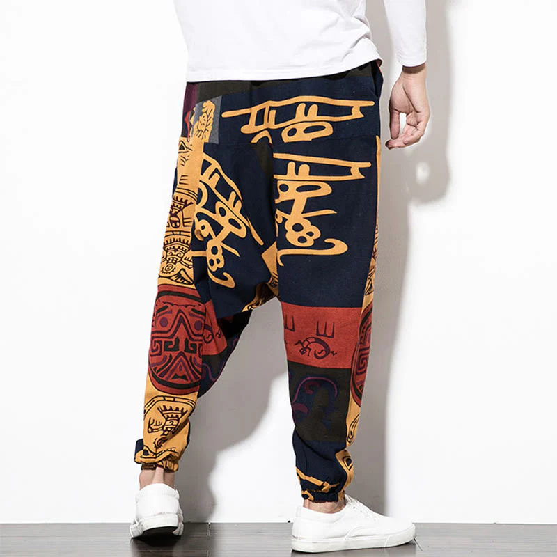 Pantaloni harem da uomo con tasche e stampa di uccelli graffiti rossi e marroni con Buddha Stones - Image 3