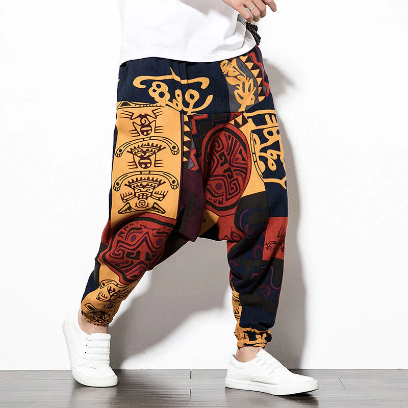 Pantaloni harem da uomo con tasche e stampa di uccelli graffiti rossi e marroni con Buddha Stones - Image 4