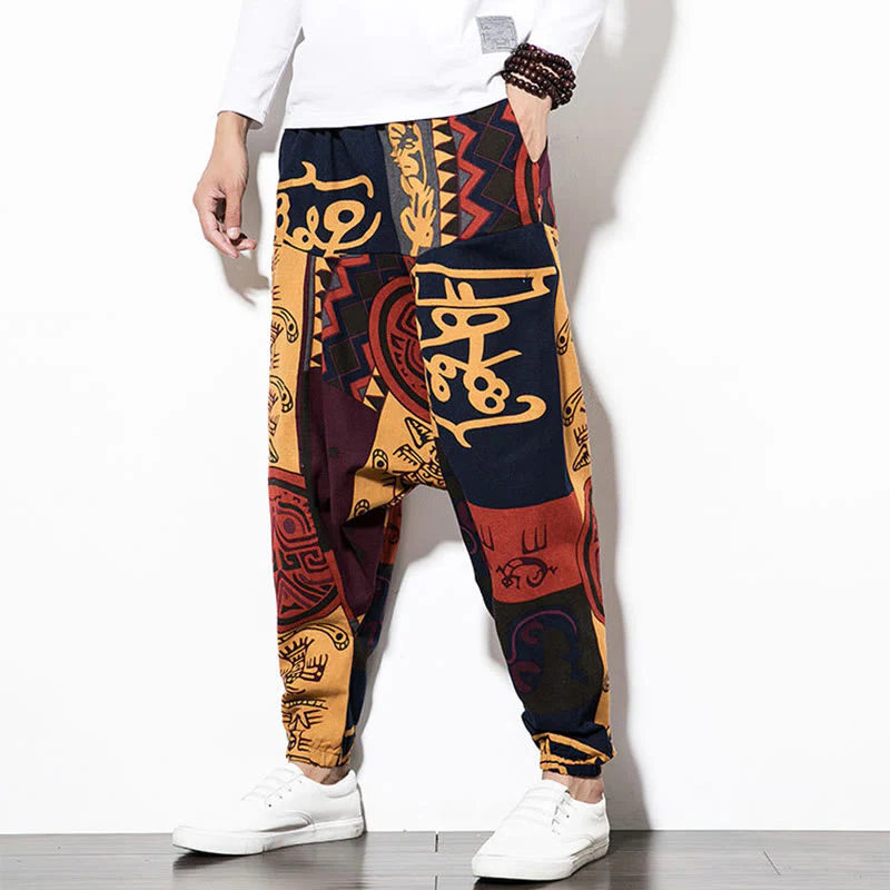 Pantaloni harem da uomo con tasche e stampa di uccelli graffiti rossi e marroni con Buddha Stones - Image 5