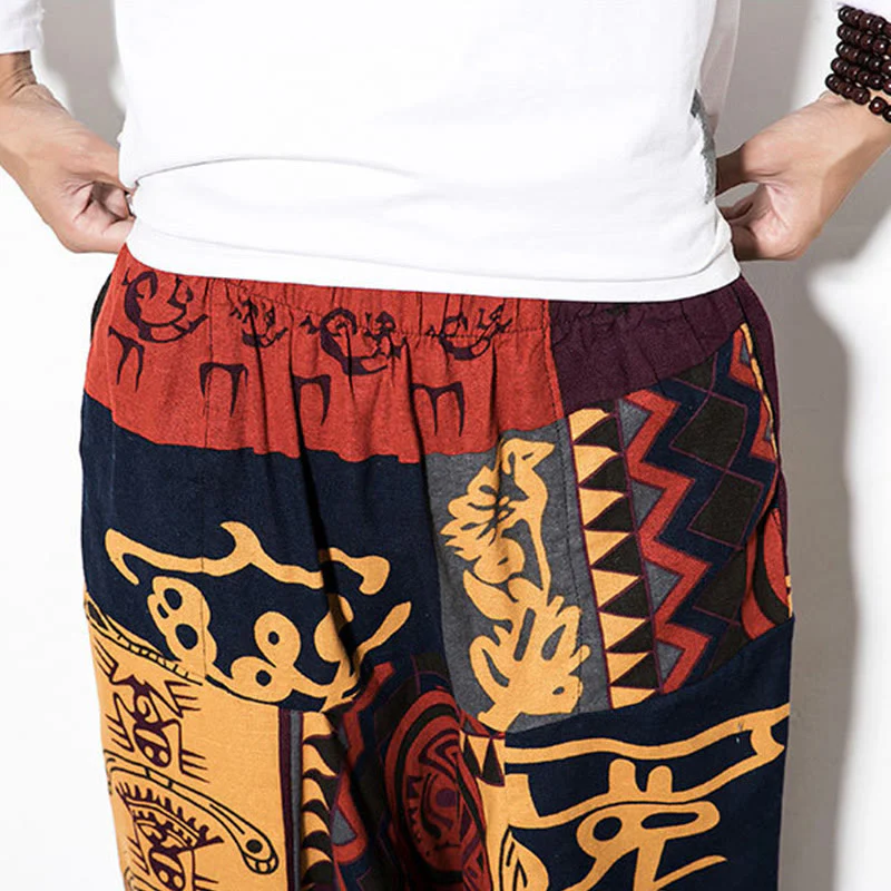 Pantaloni harem da uomo con tasche e stampa di uccelli graffiti rossi e marroni con Buddha Stones - Image 6