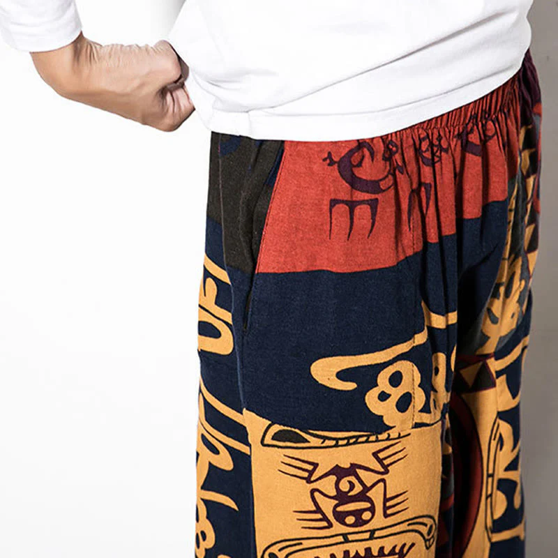Pantaloni harem da uomo con tasche e stampa di uccelli graffiti rossi e marroni con Buddha Stones - Image 7