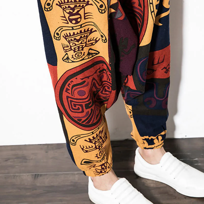 Pantaloni harem da uomo con tasche e stampa di uccelli graffiti rossi e marroni con Buddha Stones - Image 9