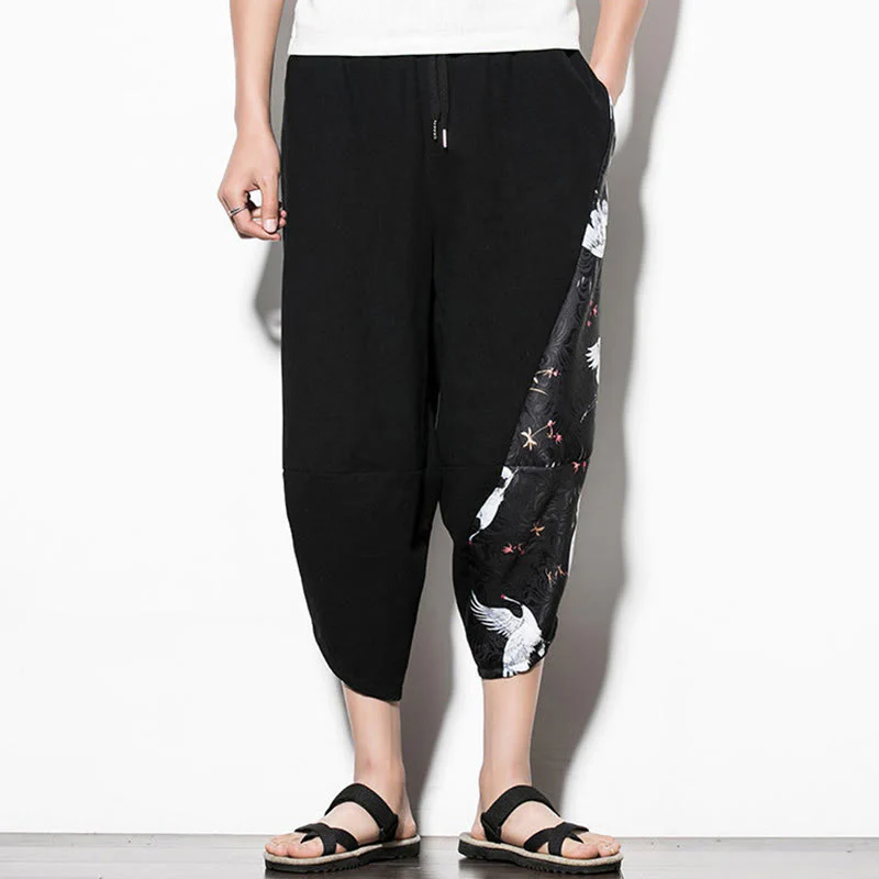 Pantaloni harem da uomo in cotone con stampa gru bianca Buddha Stones con tasche - Image 3