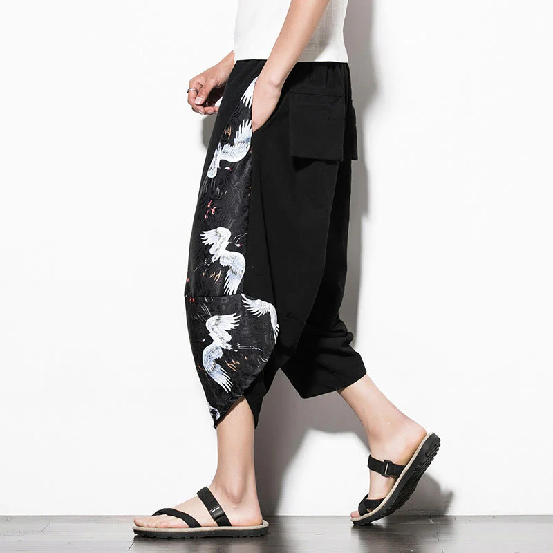 Pantaloni harem da uomo in cotone con stampa gru bianca Buddha Stones con tasche - Image 5