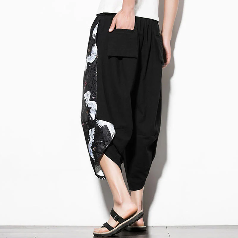 Pantaloni harem da uomo in cotone con stampa gru bianca Buddha Stones con tasche - Image 6