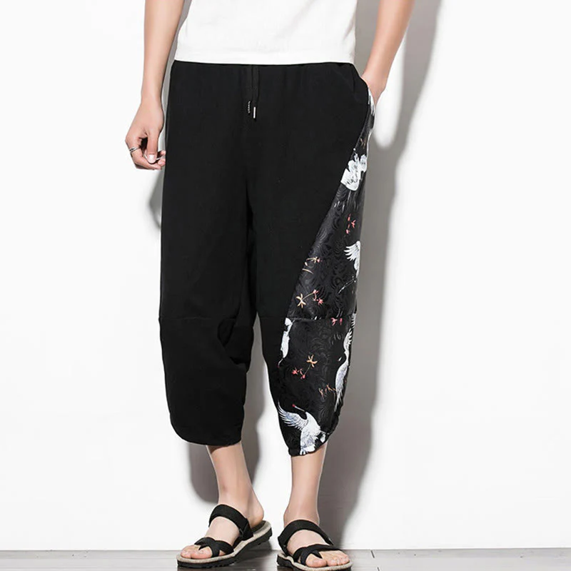 Pantaloni harem da uomo in cotone con stampa gru bianca Buddha Stones con tasche - Image 7
