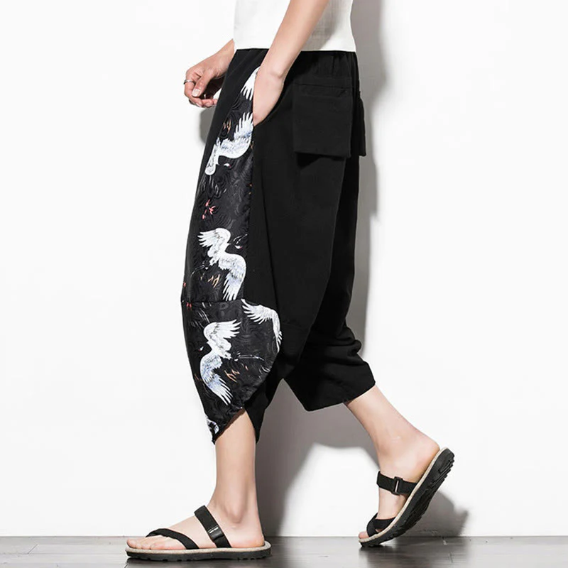 Pantaloni harem da uomo in cotone con stampa gru bianca Buddha Stones con tasche - Image 8