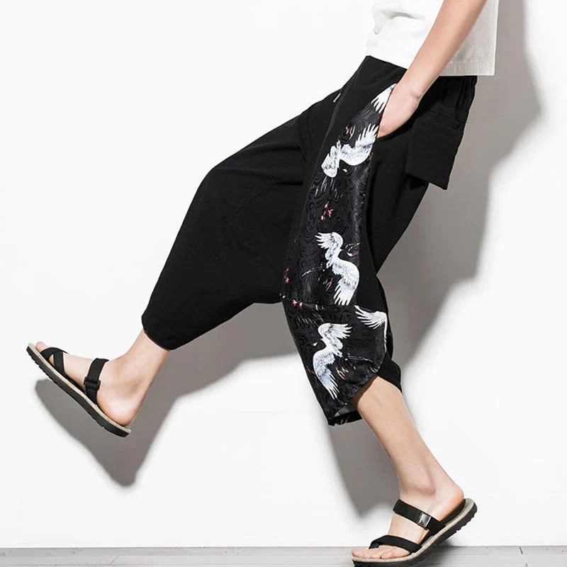 Pantaloni harem da uomo in cotone con stampa gru bianca Buddha Stones con tasche - Image 9